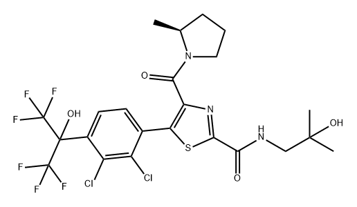 2-噻唑甲酰胺,5-[2,3-二氯-4-[2,2,2-三氟-1-羟基-1-(三氟甲基)乙基]苯基]-N-(2-羟基-2-甲基丙基)-4-[[(2S)-2-甲基-1-吡咯烷基]羰基]- 结构式