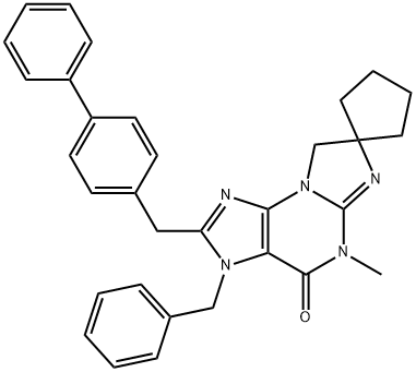 Spiro[cyclopentane-1,7'(8'H)-[3H]imidazo[2,1-b]purin]-4'(5'H)-one, 2'-([1,1'-biphenyl]-4-ylmethyl)-5'-methyl-3'-(phenylmethyl)- Structure