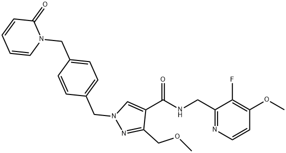 1H-Pyrazole-4-carboxamide, N-[(3-fluoro-4-methoxy-2-pyridinyl)methyl]-3-(methoxymethyl)-1-[[4-[(2-oxo-1(2H)-pyridinyl)methyl]phenyl]methyl]- 化学構造式