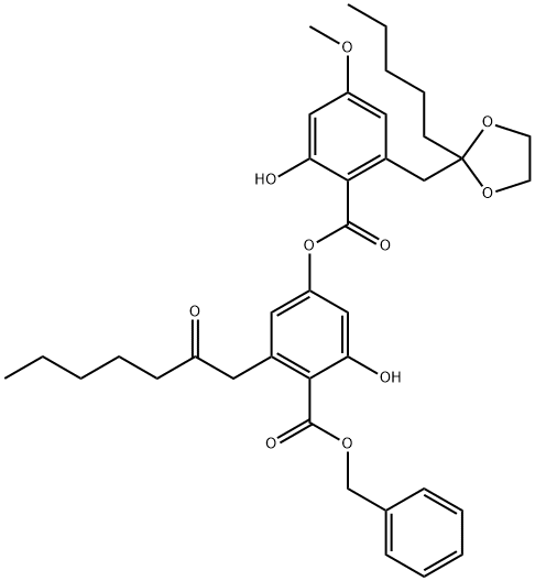 Benzoic acid, 2-hydroxy-4-[[2-hydroxy-4-methoxy-6-[(2-pentyl-1,3-dioxolan-2-yl)methyl]benzoyl]oxy]-6-(2-oxoheptyl)-, phenylmethyl ester Structure