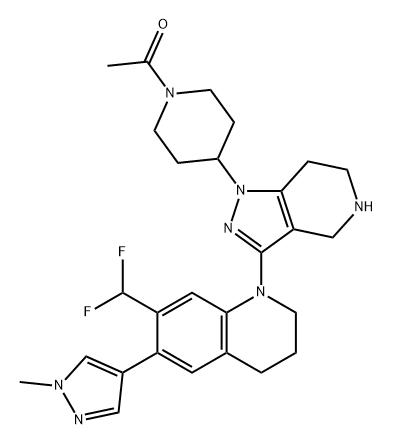 Ethanone, 1-[4-[3-[7-(difluoromethyl)-3,4-dihydro-6-(1-methyl-1H-pyrazol-4-yl)-1(2H)-quinolinyl]-4,5,6,7-tetrahydro-1H-pyrazolo[4,3-c]pyridin-1-yl]-1-piperidinyl]- Struktur