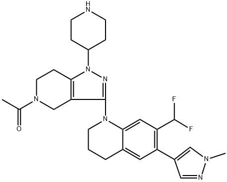 1-(3-(7-(difluoromethyl)-6-(1-melhyl-1H-pyrazol-4-yl)-3,4-dihydroquinolin-1(2H)-yl)-1-(piperidin-4-yl)-6.7- dihydro-1 H-pyrazolo[4,3-c]pyridin-5(4H)-yl)ethanone Structure