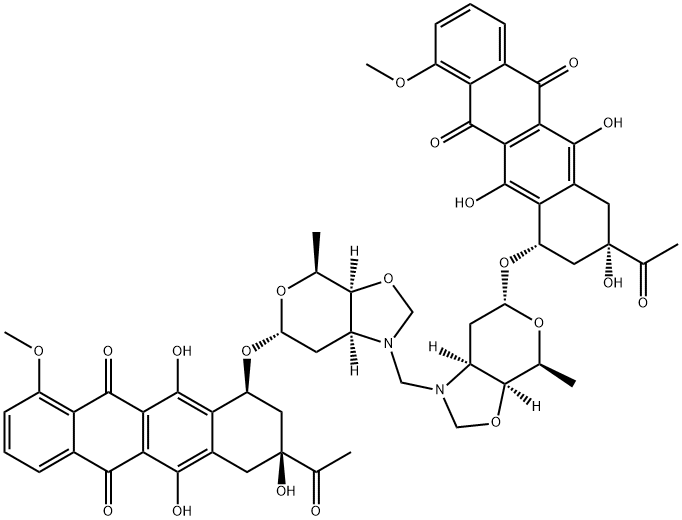 5,12-Naphthacenedione, 7,7'-[methylenebis[[(3aS,4S,6R,7aS)-tetrahydro-4-methyl-2H-pyrano[4,3-d]oxazole-1,6(6H)-diyl]oxy]]bis[9-acetyl-7,8,9,10-tetrahydro-6,9,11-trihydroxy-4-methoxy-, (7S,7'S,9S,9'S)- Struktur