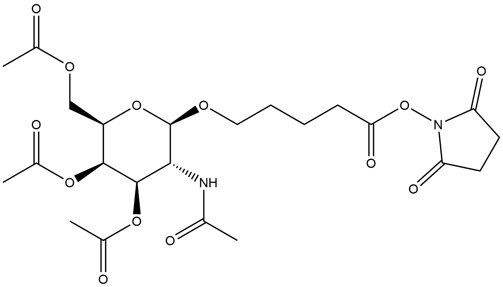 Pentanoic acid, 5-[[3,4,6-tri-O-acetyl-2-(acetylamino)-2-deoxy-β-D-galactopyranosyl]oxy]-, 2,5-dioxo-1-pyrrolidinyl ester Structure