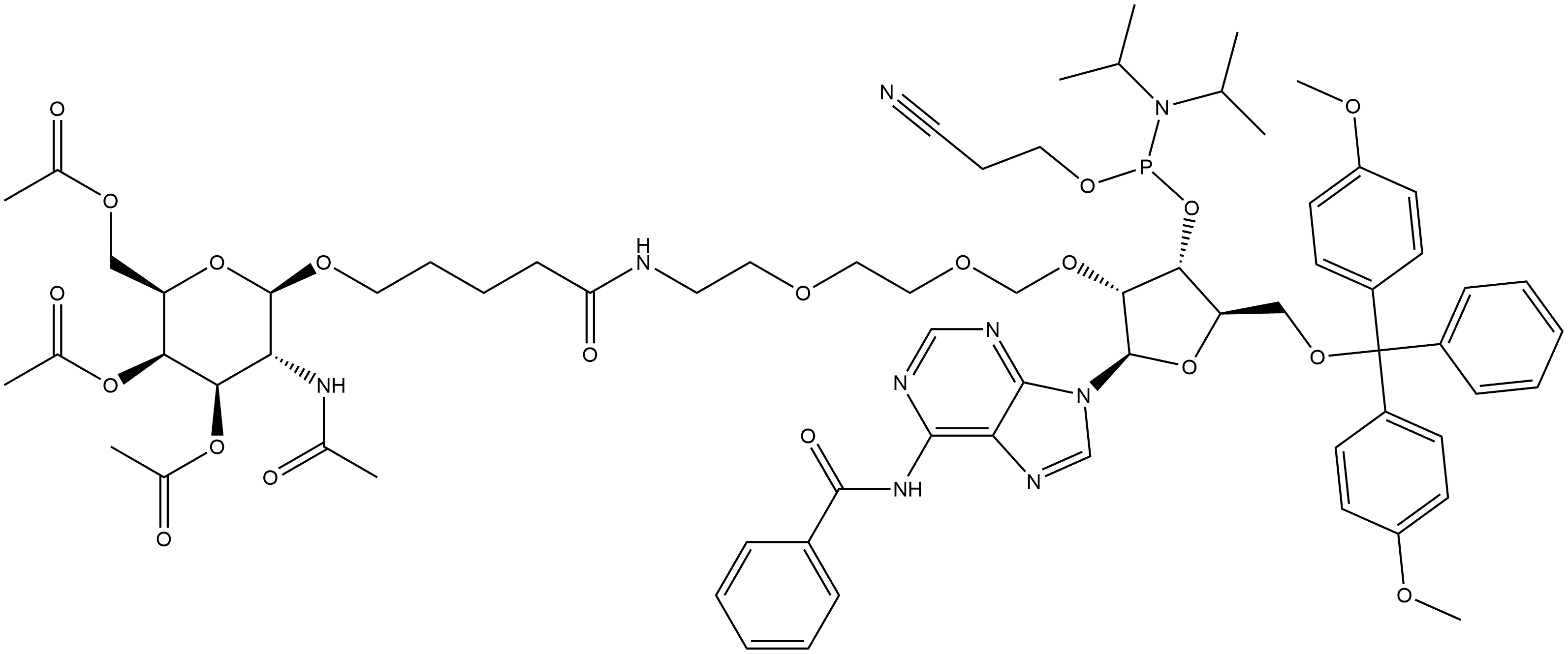 Adenosine, N-benzoyl-5'-O-[bis(4-methoxyphenyl)phenylmethyl]-2'-O-[[2-[2-[[1-oxo-5-[[3,4,6-tri-O-acetyl-2-(acetylamino)-2-deoxy-β-D-galactopyranosyl]oxy]pentyl]amino]ethoxy]ethoxy]methyl]-, 3'-[2-cyanoethyl N,N-bis(1-methylethyl)phosphoramidite] 化学構造式