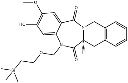 (S)-3-Hydroxy-2-methoxy-5-((2-(trimethylsilyl)ethoxy)methyl)-7,12-dihydrobenzo[5,6][1,4]diazepino[1,2-b]isoquinoline-6,14(5H,6aH)-dione 化学構造式