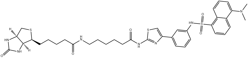 1H-Thieno[3,4-d]imidazole-4-pentanamide, N-[6-[[4-[3-[[[5-(dimethylamino)-1-naphthalenyl]sulfonyl]amino]phenyl]-2-thiazolyl]amino]-6-oxohexyl]hexahydro-2-oxo-, (3aS,4S,6aR)- Structure