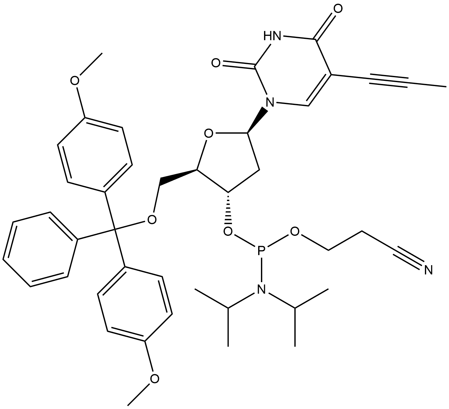 Uridine, 5'-O-[bis(4-methoxyphenyl)phenylmethyl]-2'-deoxy-5-(1-propyn-1-yl)-, 3'-[2-cyanoethyl N,N-bis(1-methylethyl)phosphoramidite],198080-43-2,结构式