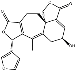1H,3H-Furo[3',4':4,5]cyclohept[1,2-d]isobenzofuran-3,10(8H)-dione, 8-(3-furanyl)-5,6,11,12-tetrahydro-5-hydroxy-7-methyl-, (5S,8R,12aS)- Struktur