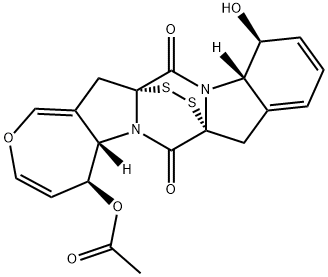 (5S)-5,5aα,12,12aα-テトラヒドロ-5α,12α-ジヒドロキシ-8H,15H-7aβ,14aβ-エピジチオ-7H,14H-オキセピノ[3'',4'':4',5']ピロロ[1',2':4,5]ピラジノ[1,2-a]インドール-7,14-ジオン5-アセタート 化学構造式