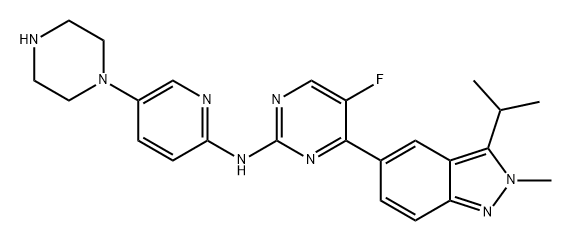 2-Pyrimidinamine, 5-fluoro-4-[2-methyl-3-(1-methylethyl)-2H-indazol-5-yl]-N-[5-(1-piperazinyl)-2-pyridinyl]-|化合物 CULMERCICLIB