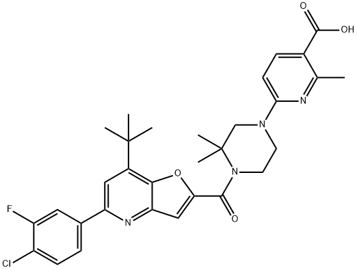 3-Pyridinecarboxylic acid, 6-[4-[[5-(4-chloro-3-fluorophenyl)-7-(1,1-dimethylethyl)furo[3,2-b]pyridin-2-yl]carbonyl]-3,3-dimethyl-1-piperazinyl]-2-methyl-,2014368-98-8,结构式