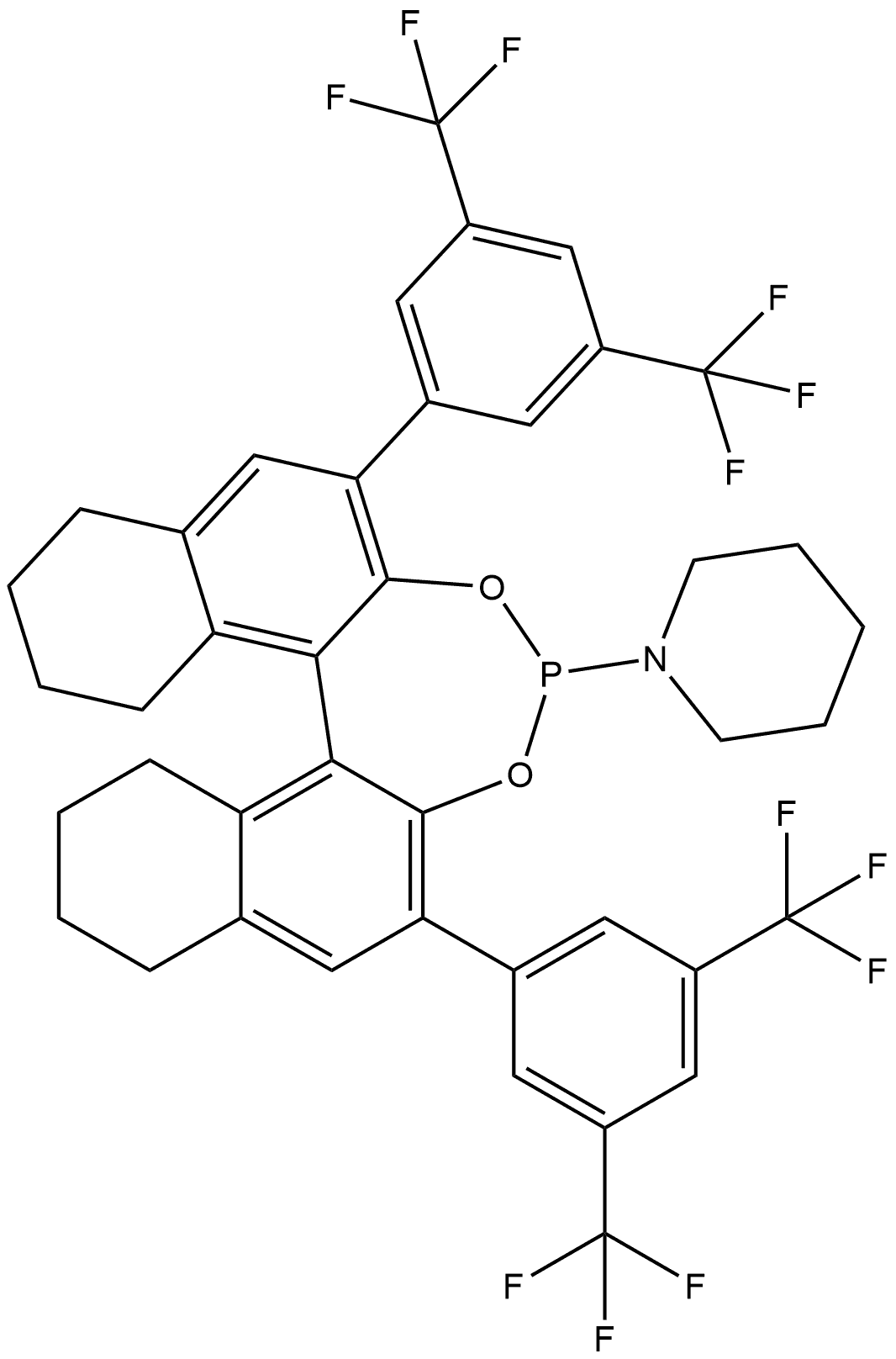 Piperidine, 1-[(11bS)-2,6-bis[3,5-bis(trifluoromethyl)phenyl]-8,9,10,11,12,13,14,15-octahydrodinaphtho[2,1-d:1',2'-f][1,3,2]dioxaphosphepin-4-yl]- Struktur