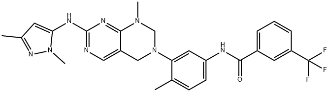 Benzamide, N-[3-[7-[(1,3-dimethyl-1H-pyrazol-5-yl)amino]-1,4-dihydro-1-methylpyrimido[4,5-d]pyrimidin-3(2H)-yl]-4-methylphenyl]-3-(trifluoromethyl)- 化学構造式