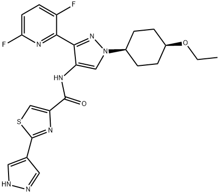 4-Thiazolecarboxamide, N-[3-(3,6-difluoro-2-pyridinyl)-1-(cis-4-ethoxycyclohexyl)-1H-pyrazol-4-yl]-2-(1H-pyrazol-4-yl)- 化学構造式