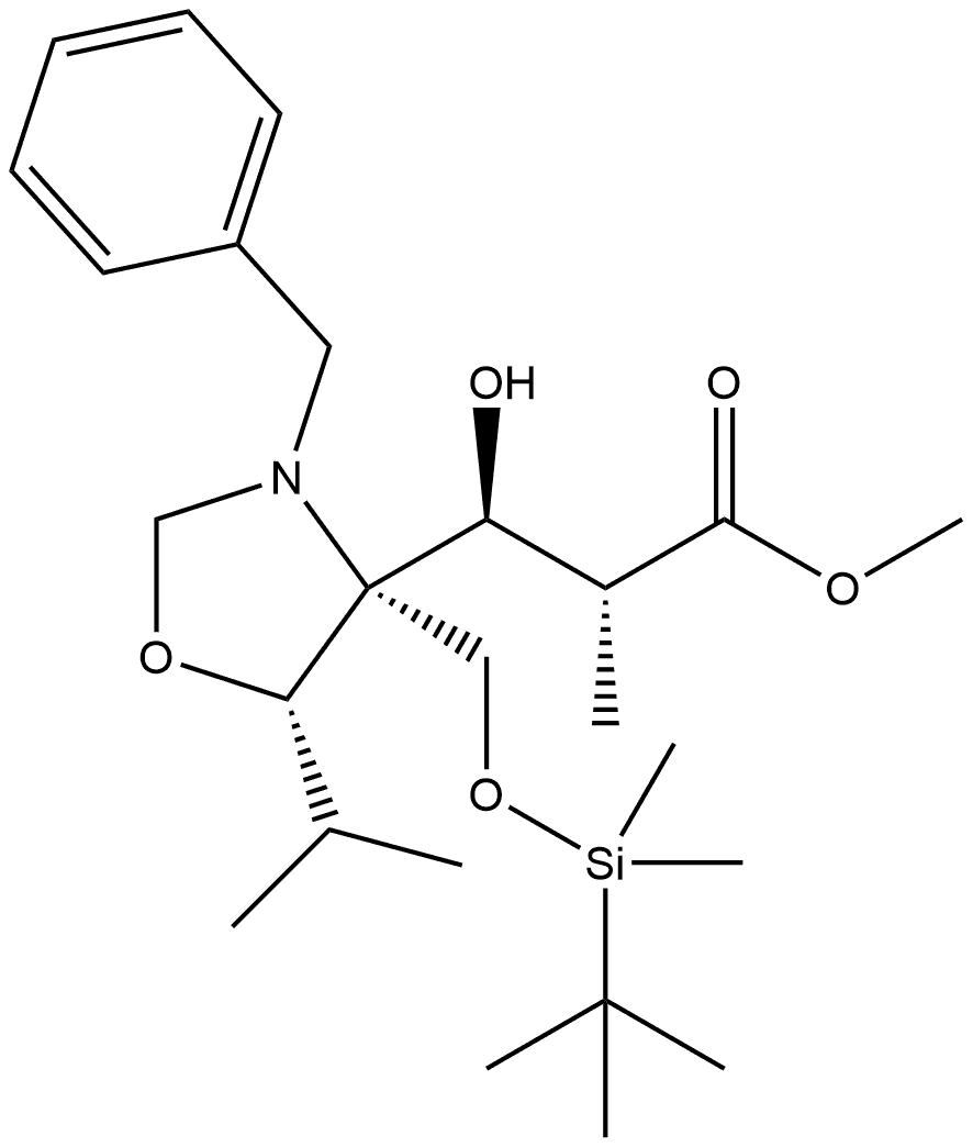 4-Oxazolidinepropanoic acid, 4-[[[(1,1-dimethylethyl)dimethylsilyl]oxy]methyl]-β-hydroxy-α-methyl-5-(1-methylethyl)-3-(phenylmethyl)-, methyl ester, (αR,βS,4S,5S)- 结构式