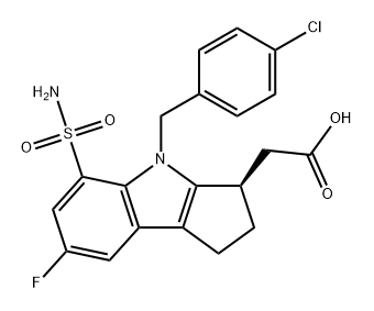 Cyclopent[b]indole-3-acetic acid, 5-(aminosulfonyl)-4-[(4-chlorophenyl)methyl]-7-fluoro-1,2,3,4-tetrahydro-, (3R)-,2043025-96-1,结构式