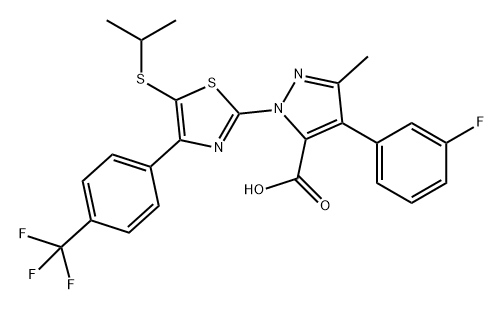 1H-Pyrazole-5-carboxylic acid, 4-(3-fluorophenyl)-3-methyl-1-[5-[(1-methylethyl)thio]-4-[4-(trifluoromethyl)phenyl]-2-thiazolyl]- 化学構造式