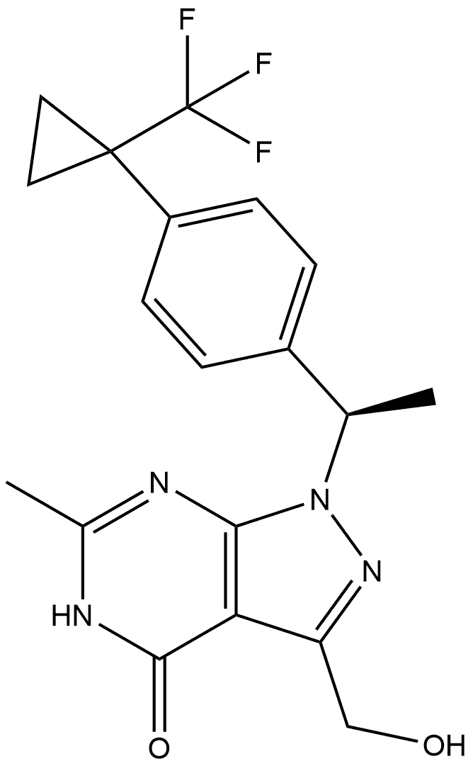 (R)-3-(hydroxymethyl)-6-methyl-1-(1-(4-(1-(trifluoromethyl)cyclopropyl)phenyl)ethyl)-1,5-dihydro-4H-pyrazolo[3,4-d]pyrimidin-4-one,2055253-88-6,结构式