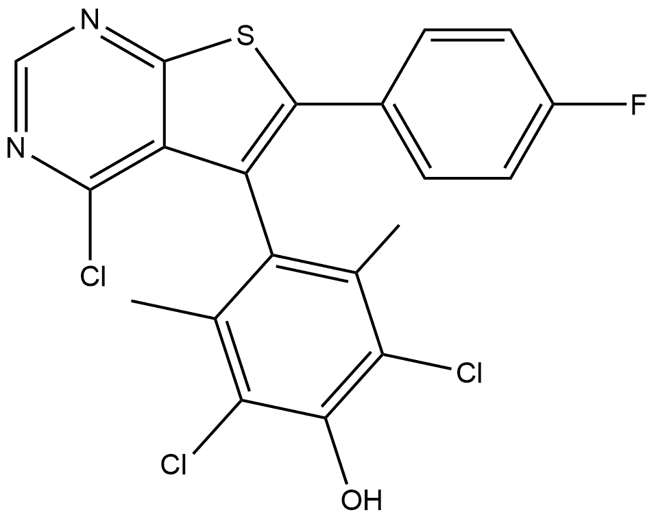 2,6-dichloro-4-(4-chloro-6-(4-fluorophenyl)thieno[2,3-d]pyrimidin-5-yl)-3,5-dimethylphenol Struktur