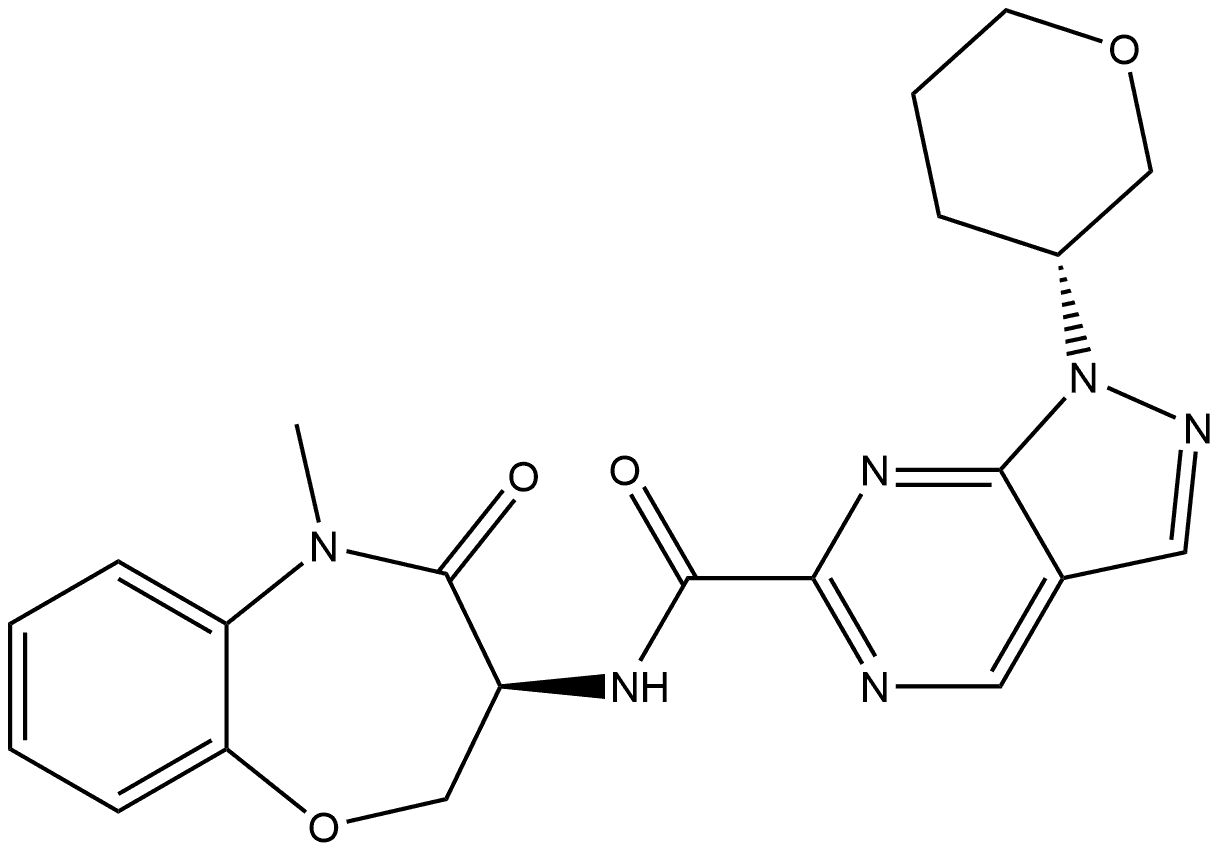 N-((S)-5-methyl-4-oxo-2,3,4,5-tetrahydrobenzo[b][1,4]oxazepin-3-yl)-1-((R)-tetrahydro-2H-pyran-3-yl)-1H-pyrazolo[3,4-d]pyrimidine-6-carboxamide 结构式