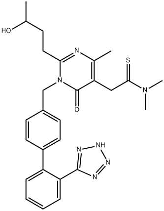 5-Pyrimidineethanethioamide, 1,6-dihydro-2-(3-hydroxybutyl)-N,N,4-trimethyl-6-oxo-1-[[2'-(2H-tetrazol-5-yl)[1,1'-biphenyl]-4-yl]methyl]- Struktur