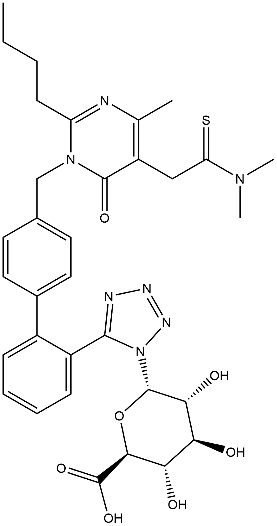 α-D-Glucopyranuronic acid, 1-[5-[4'-[[2-butyl-5-[2-(dimethylamino)-2-thioxoethyl]-4-methyl-6-oxo-1(6H)-pyrimidinyl]methyl][1,1'-biphenyl]-2-yl]-1H-tetrazol-1-yl]-1-deoxy-,2068809-94-7,结构式