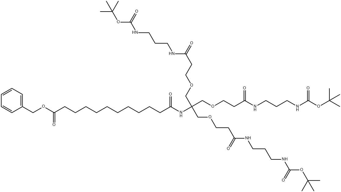 苄基 11-[(1,3-双(2-[(3-{[(叔丁氧基)羰基]氨基]丙基)氨基甲酰基]乙氧基)-2-[(2-[(3-{[(叔丁氧基)羰基]氨基]丙基)氨基甲酰基]乙氧基)甲基]丙-2-基)氨基甲酰基]十一酸酯, 2069973-39-1, 结构式