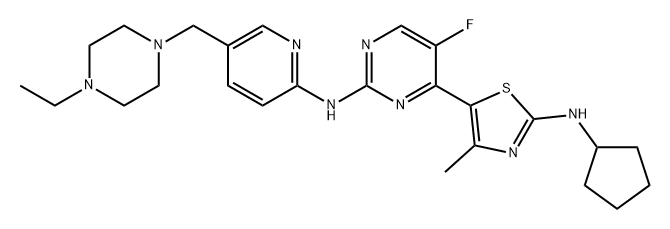 2-Pyrimidinamine, 4-[2-(cyclopentylamino)-4-methyl-5-thiazolyl]-N-[5-[(4-ethyl-1-piperazinyl)methyl]-2-pyridinyl]-5-fluoro- Struktur