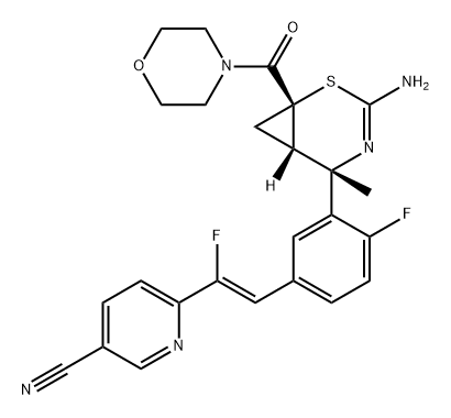 3-Pyridinecarbonitrile, 6-[(1Z)-2-[3-[(1S,5S,6S)-3-amino-5-methyl-1-(4-morpholinylcarbonyl)-2-thia-4-azabicyclo[4.1.0]hept-3-en-5-yl]-4-fluorophenyl]-1-fluoroethenyl]- Struktur
