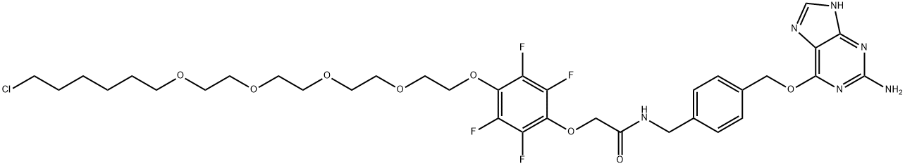 Acetamide, N-[[4-[[(2-amino-9H-purin-6-yl)oxy]methyl]phenyl]methyl]-2-[4-[(18-chloro-3,6,9,12-tetraoxaoctadec-1-yl)oxy]-2,3,5,6-tetrafluorophenoxy]- Structure