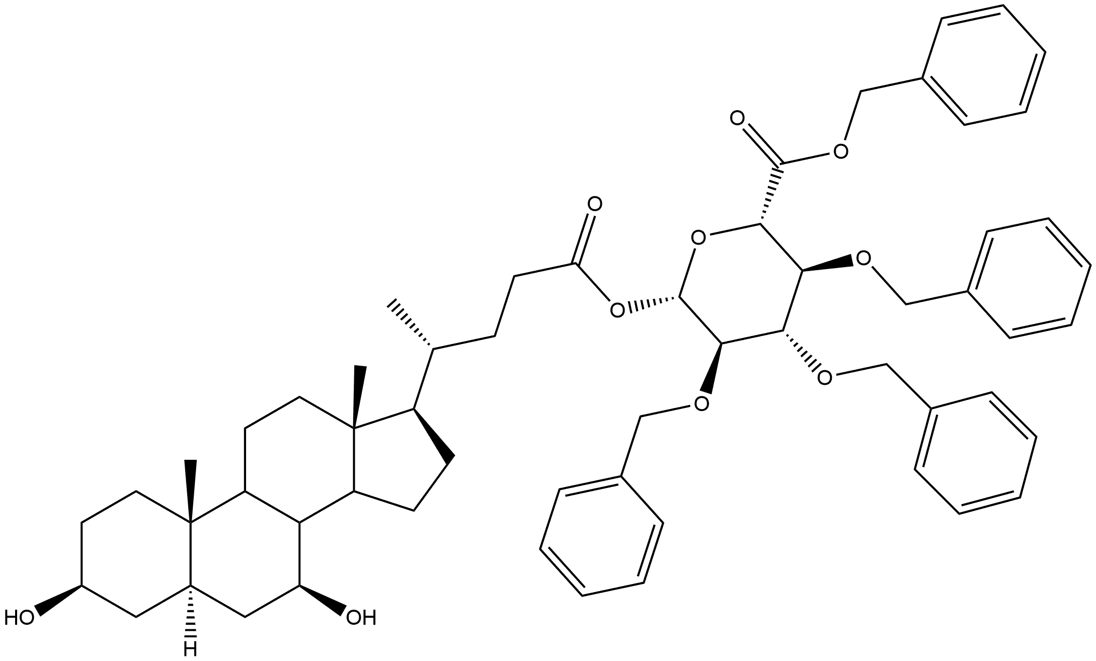 β-D-Glucopyranuronic acid, 2,3,4-tris-O-(phenylmethyl)-, phenylmethyl ester, (3α,5β,7α)-3,7-dihydroxycholan-24-oate,208038-23-7,结构式