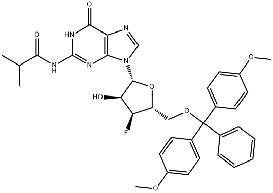 N2-iso-Buty royl-5'-O-(4,4'-dimethoxytrityl)-3'-deoxy-3'-fluoroguanosine Struktur