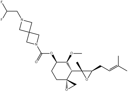 2,6-Diazaspiro[3.3]heptane-2-carboxylic acid, 6-(2,2-difluoroethyl)-, (3R,4S,5S,6R)-5-methoxy-4-[(2R,3R)-2-methyl-3-(3-methyl-2-buten-1-yl)-2-oxiranyl]-1-oxaspiro[2.5]oct-6-yl ester 化学構造式