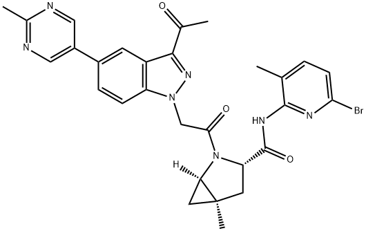 2-Azabicyclo[3.1.0]hexane-3-carboxamide, 2-[2-[3-acetyl-5-(2-methyl-5-pyrimidinyl)-1H-indazol-1-yl]acetyl]-N-(6-bromo-3-methyl-2-pyridinyl)-5-methyl-, (1R,3S,5R)- 化学構造式