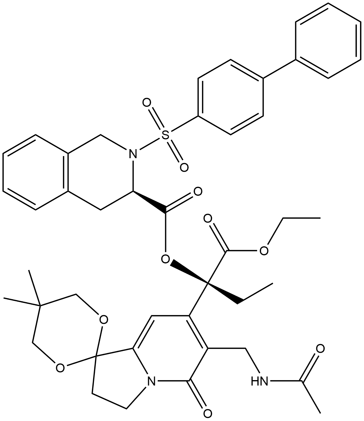 Ethyl (αS)-6′-[(acetylamino)methyl]-α-[[[(3R)-2-([1,1′-biphenyl]-4-ylsulfonyl)-1,2,3,4-tetrahydro-3-isoquinolinyl]carbonyl]oxy]-α-ethyl-2′,3′-dihydro-5,5-dimethyl-5′-oxospiro[1,3-dioxane-2,1′(5′H)-indolizine]-7′-acetate,208714-99-2,结构式
