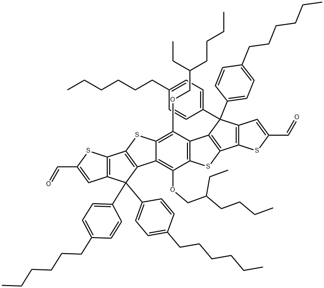 Thieno[3',2':4,5]cyclopenta[1,2-b]thieno[2'',3'':3',4']cyclopenta[1',2':4,5]thieno[2,3-f][1]benzothiophene-2,8-dicarboxaldehyde, 5,11-bis[(2-ethylhexyl)oxy]-4,4,10,10-tetrakis(4-hexylphenyl)-4,10-dihydro- 结构式