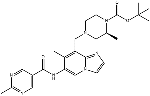 (S)-tert-butyl 2-methyl-4-((7-methyl-6-(2-methylpyrimidine-5-carboxamido)imidazo[1,2-a]pyridin-8-yl)methyl)piperazine-1-carboxylate,2088447-97-4,结构式