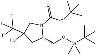1-Pyrrolidinecarboxylic acid, 2-[[[(1,1-dimethylethyl)dimethylsilyl]oxy]methyl]-4-hydroxy-4-(trifluoromethyl)-, 1,1-dimethylethyl ester, (2S)- Struktur