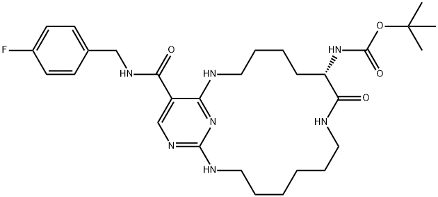 Carbamic acid,?N-?[(7S)?-?20-?[[[(4-?fluorophenyl)?methyl]?amino]?carbonyl]?-?8-?oxo-?2,?9,?16,?18,?21-?pentaazabicyclo[15.3?.1]?heneicosa-?1(21)?,?17,?19-?trien-?7-?yl]?-?, 1,?1-?dimethylethyl ester Structure