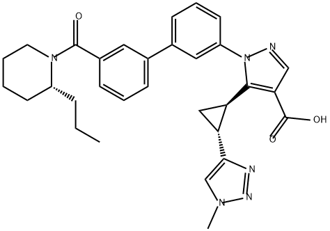 1H-Pyrazole-4-carboxylic acid, 5-[(1R,2R)-2-(1-methyl-1H-1,2,3-triazol-4-yl)cyclopropyl]-1-[3'-[[(2R)-2-propyl-1-piperidinyl]carbonyl][1,1'-biphenyl]-3-yl]- 化学構造式