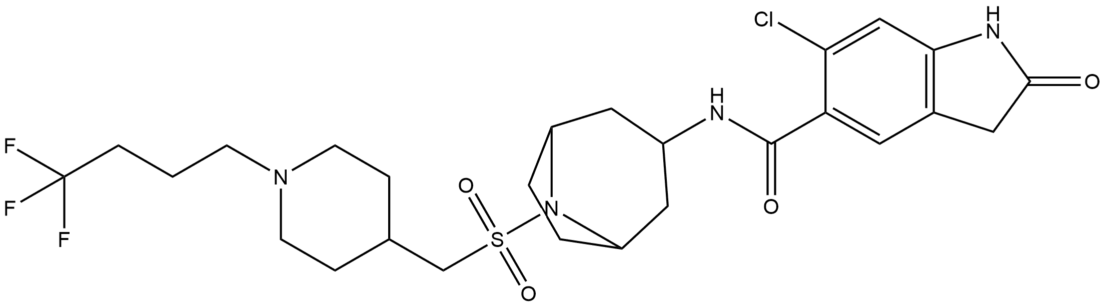 1H-Indole-5-carboxamide, 6-chloro-2,3-dihydro-2-oxo-N-[(3-endo)-8-[[[1-(4,4,4-trifluorobutyl)-4-piperidinyl]methyl]sulfonyl]-8-azabicyclo[3.2.1]oct-3-yl]-,2095161-11-6,结构式
