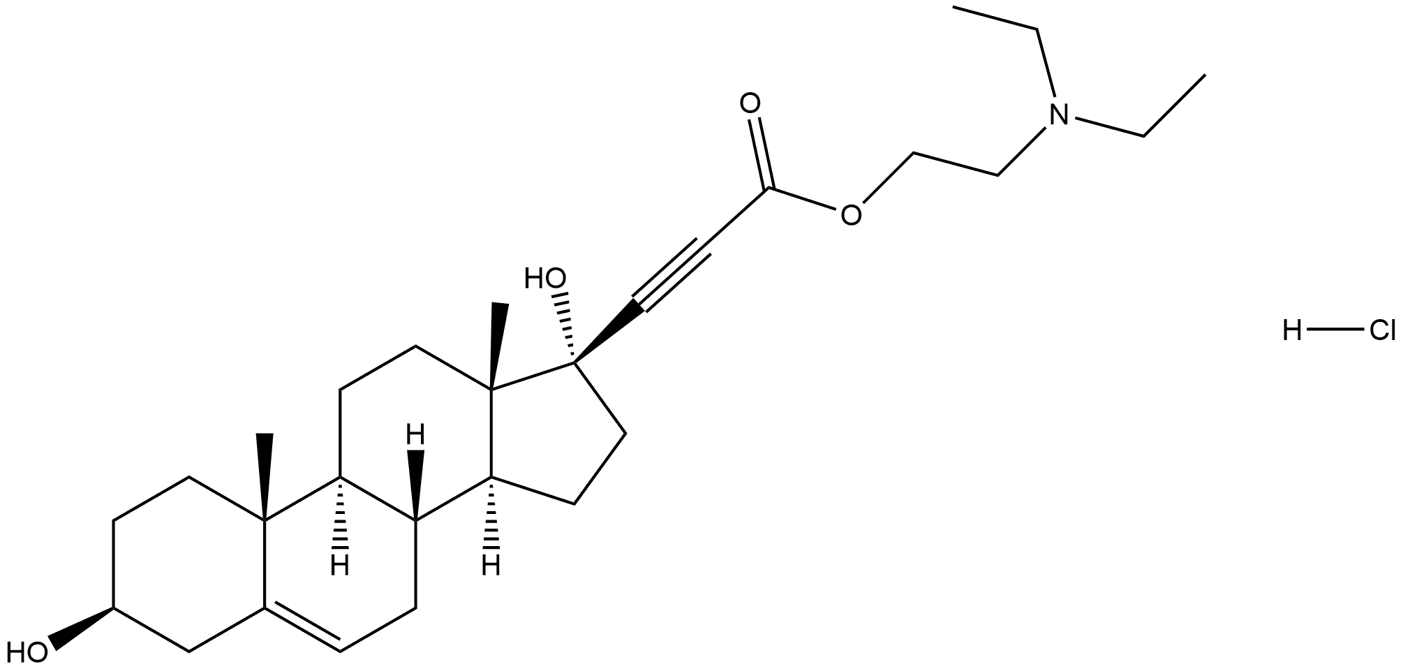 17α-Pregn-5-en-20-yne-21-carboxylic acid, 3β,17-dihydroxy-, 2-(diethylamino)ethyl ester, hydrochloride 化学構造式