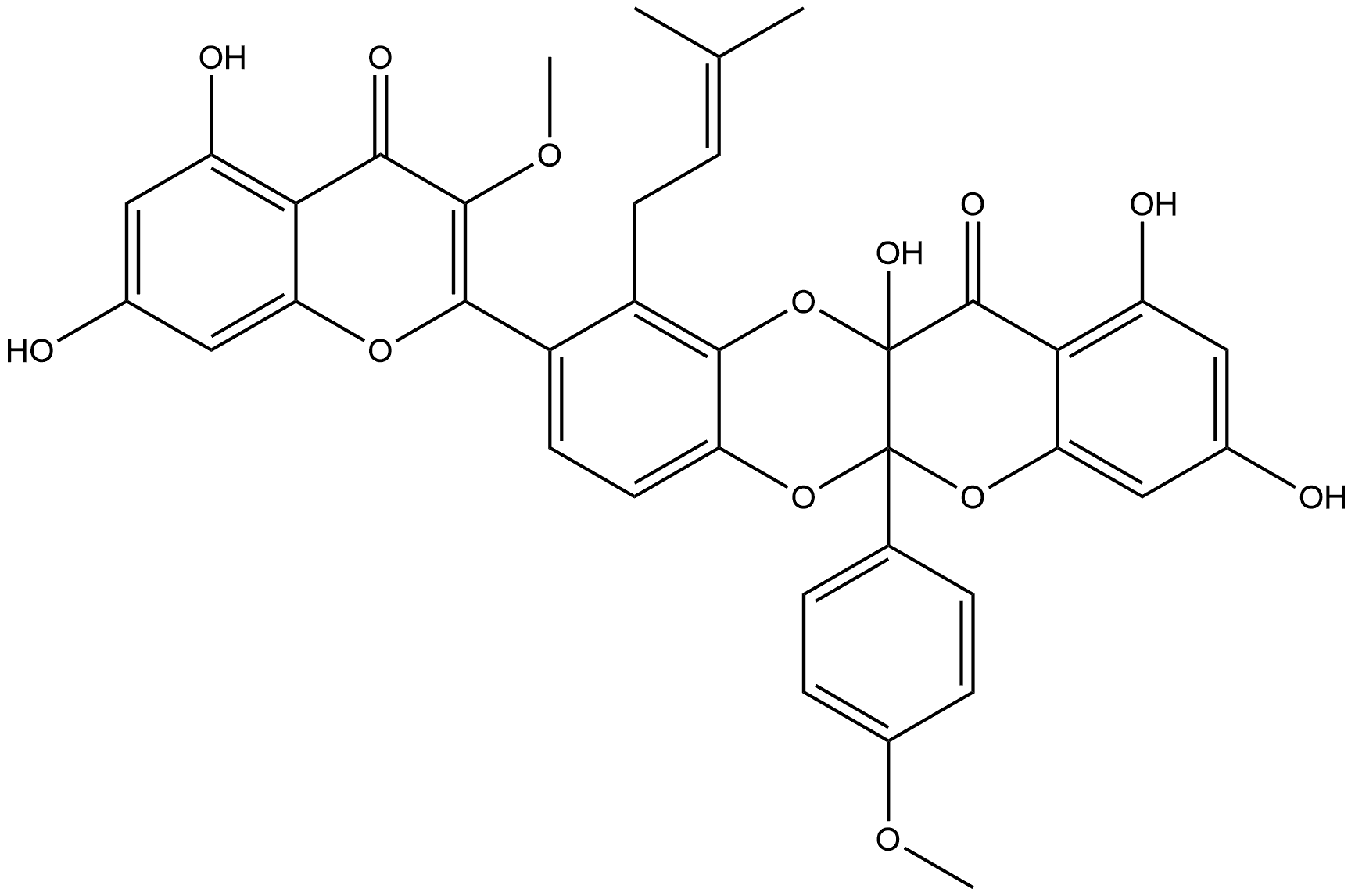 12H-[1]Benzopyrano[2,3-b][1,4]benzodioxin-12-one, 9-(5,7-dihydroxy-3-methoxy-4-oxo-4H-1-benzopyran-2-yl)-5a,11a-dihydro-1,3,11a-trihydroxy-5a-(4-methoxyphenyl)-10-(3-methyl-2-buten-1-yl)-, (+)-,2099052-21-6,结构式