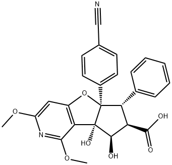 6H-Cyclopenta[4,5]furo[3,2-c]pyridine-7-carboxylic acid, 5a-(4-cyanophenyl)-5a,7,8,8a-tetrahydro-8,8a-dihydroxy-1,3-dimethoxy-6-phenyl-, (5aR,6S,7R,8R,8aS)- 化学構造式