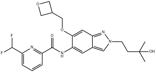6-(difluoromethyl)-N-[2-(3-hydroxy-3-methylbutyl)-
6-[(oxetan-3-yl)methoxy]-2H-indazol-5-yl]pyridine-
2-carboxamide,2102118-83-0,结构式