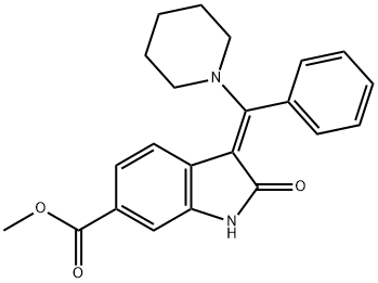 1H-Indole-6-carboxylic acid, 2,3-dihydro-2-oxo-3-(phenyl-1-piperidinylmethylene)-, methyl ester, (3E)- 化学構造式