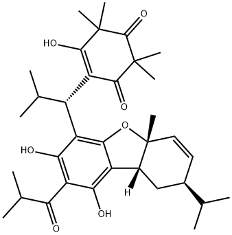 4-Cyclohexene-1,3-dione, 5-hydroxy-2,2,6,6-tetramethyl-4-[(1S)-2-methyl-1-[(5aR,8R,9aR)-5a,8,9,9a-tetrahydro-1,3-dihydroxy-5a-methyl-8-(1-methylethyl)-2-(2-methyl-1-oxopropyl)-4-dibenzofuranyl]propyl]- Struktur