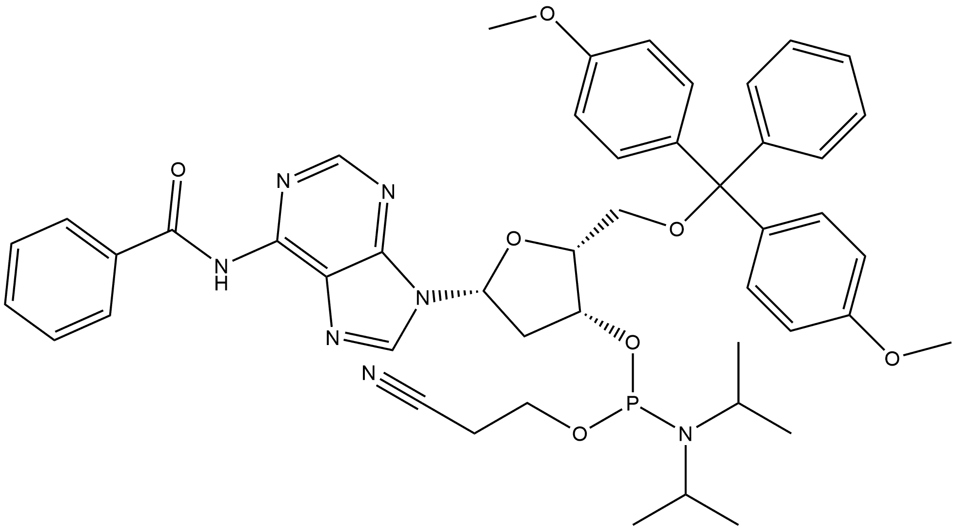 N-[9-[5-O-[Bis(4-methoxyphenyl)phenylmethyl]-3-O-[[bis(1-methylethyl)amino](2-cyanoethoxy)phosphino]-2-deoxy-β-D-threo-pentofuranosyl]-9H-purin-6-yl]benzamide 结构式