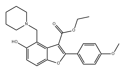 3-Benzofurancarboxylic acid, 5-hydroxy-2-(4-methoxyphenyl)-4-(1-piperidinylmethyl)-, ethyl ester 化学構造式